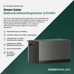 GREEN SOLAR Mini-PV-Anlage 2.000 W mit Balkonkraftwerk-Speicher 2,11 kWh