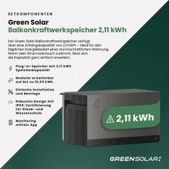 GREEN SOLAR Mini-PV-Anlage 2.000 W mit Balkonkraftwerk-Speicher 2,11 kWh