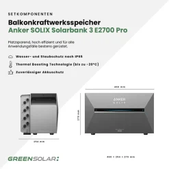 GREEN SOLAR Mini-PV-Anlage 3.000 W mit 2,67 kWh Anker Solix 3 Speicher